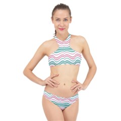 Waving Lines Vivid Pattern High Neck Bikini Set by dflcprintsclothing