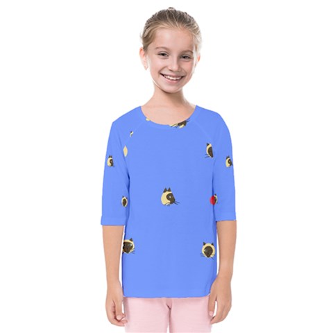 Cute Bright Pattern With Cat s Faces And Polka Dots On The Blue Background  Childish Minimalistic Background In 70-th Style  Kids  Quarter Sleeve Raglan Tee by EvgeniiaBychkova