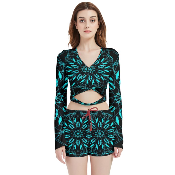 Digital Handdraw Floral Velvet Wrap Crop Top and Shorts Set