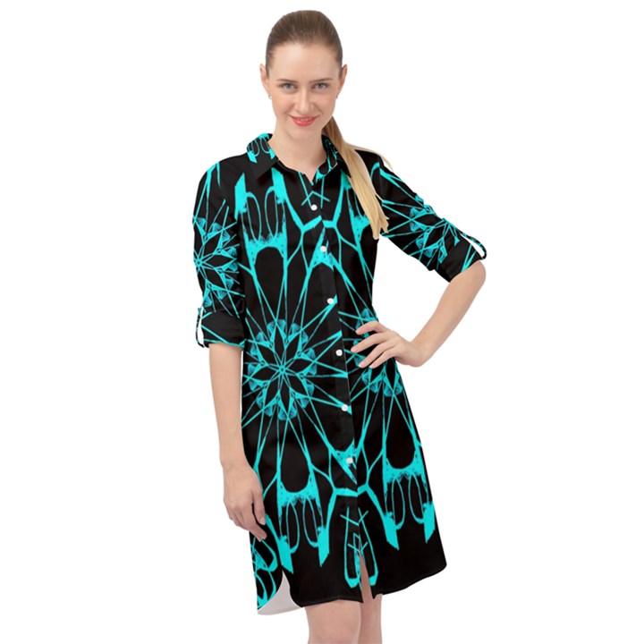 Digital Handdraw Floral Long Sleeve Mini Shirt Dress