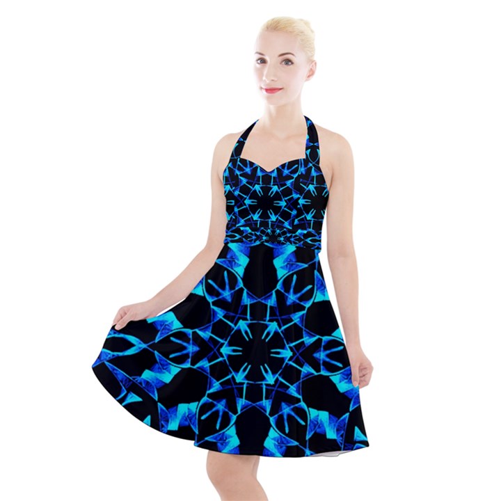 Digital Handdraw Floral Halter Party Swing Dress 