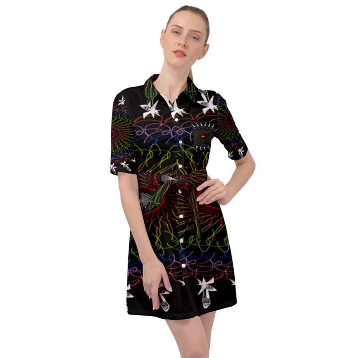 Digital Handdraw Floral Belted Shirt Dress