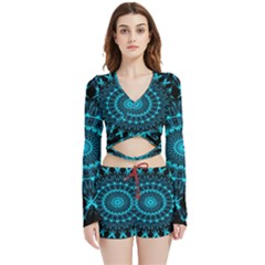 Digital Handdraw Floral Velvet Wrap Crop Top And Shorts Set by Sparkle