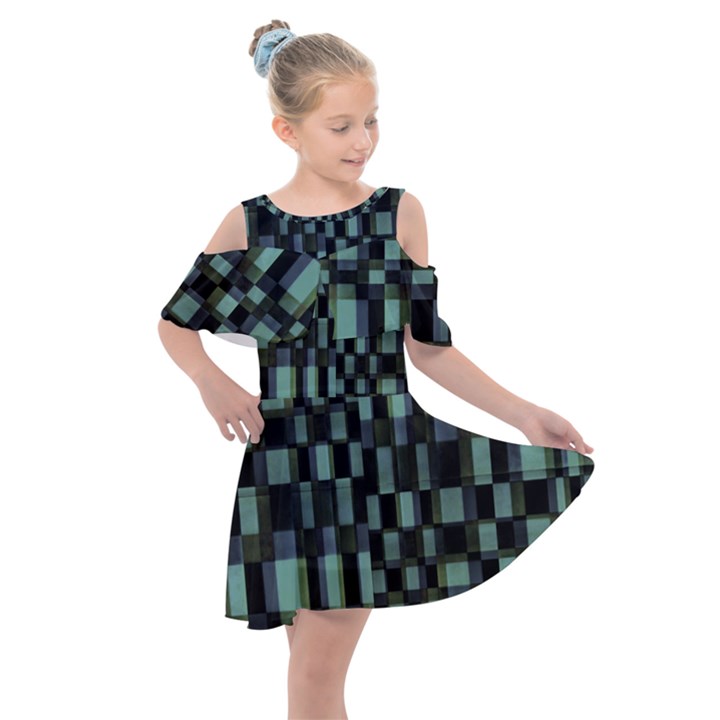 Dark Geometric Pattern Design Kids  Shoulder Cutout Chiffon Dress