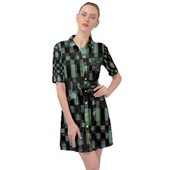 Dark Geometric Pattern Design Belted Shirt Dress