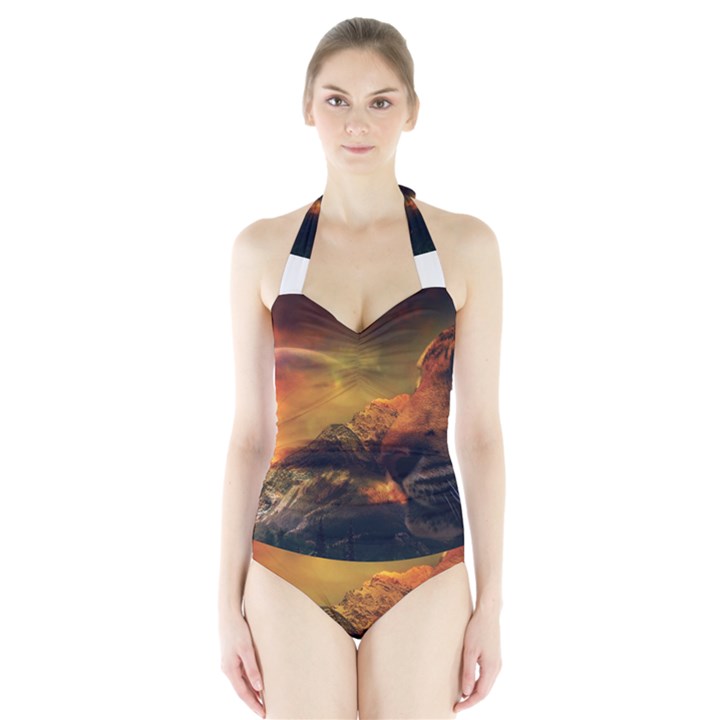 Tiger King In A Fantastic Landscape From Fonebook Halter Swimsuit