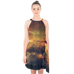 Tiger King In A Fantastic Landscape From Fonebook Halter Collar Waist Tie Chiffon Dress