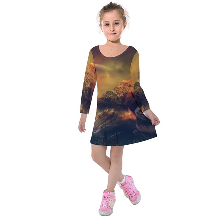 Tiger King In A Fantastic Landscape From Fonebook Kids  Long Sleeve Velvet Dress