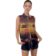 Tiger King In A Fantastic Landscape From Fonebook Sleeveless Chiffon Button Shirt