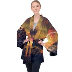 Tiger King In A Fantastic Landscape From Fonebook Long Sleeve Velvet Kimono 