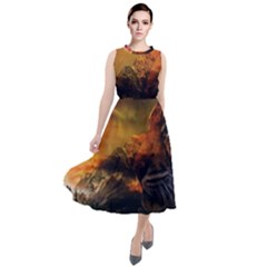 Tiger King In A Fantastic Landscape From Fonebook Round Neck Boho Dress