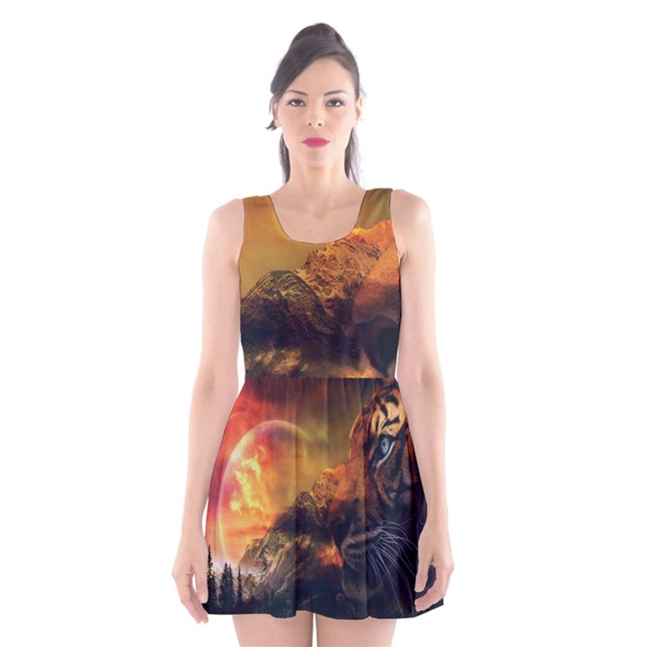 Tiger King In A Fantastic Landscape From Fonebook Scoop Neck Skater Dress