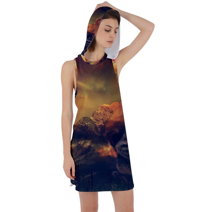 Tiger King In A Fantastic Landscape From Fonebook Racer Back Hoodie Dress