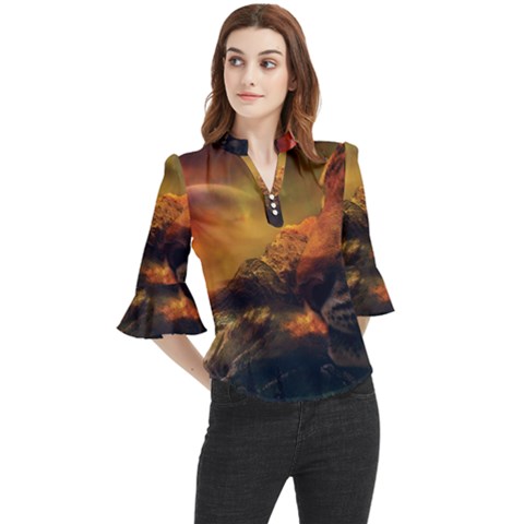 Tiger King In A Fantastic Landscape From Fonebook Loose Horn Sleeve Chiffon Blouse by 2853937