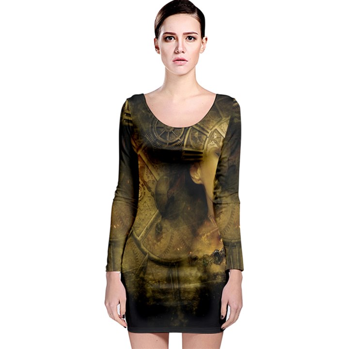 Surreal Steampunk Queen From Fonebook Long Sleeve Bodycon Dress