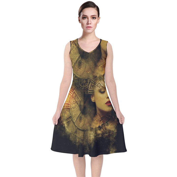 Surreal Steampunk Queen From Fonebook V-Neck Midi Sleeveless Dress 