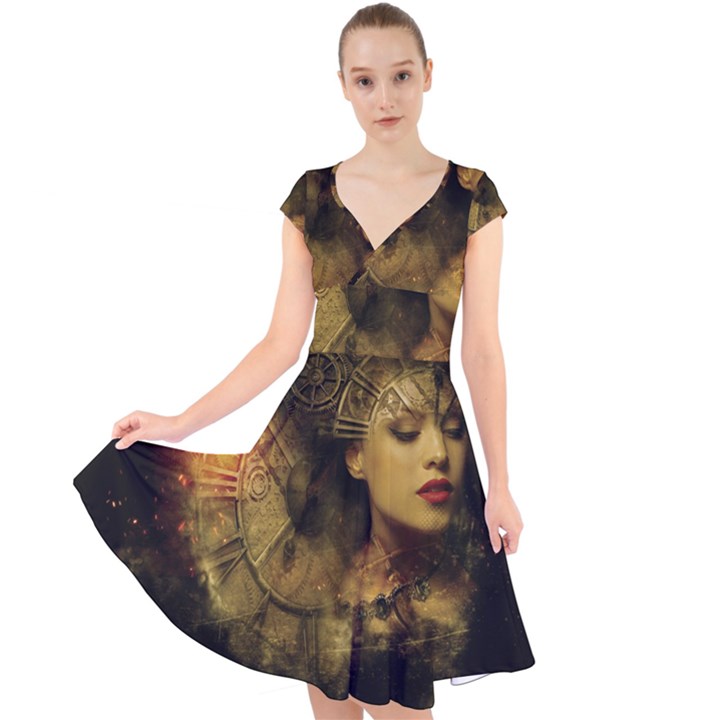 Surreal Steampunk Queen From Fonebook Cap Sleeve Front Wrap Midi Dress