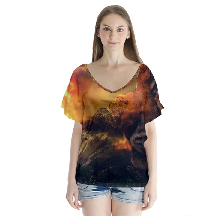 Tiger King In A Fantastic Landscape From Fonebook V-Neck Flutter Sleeve Top