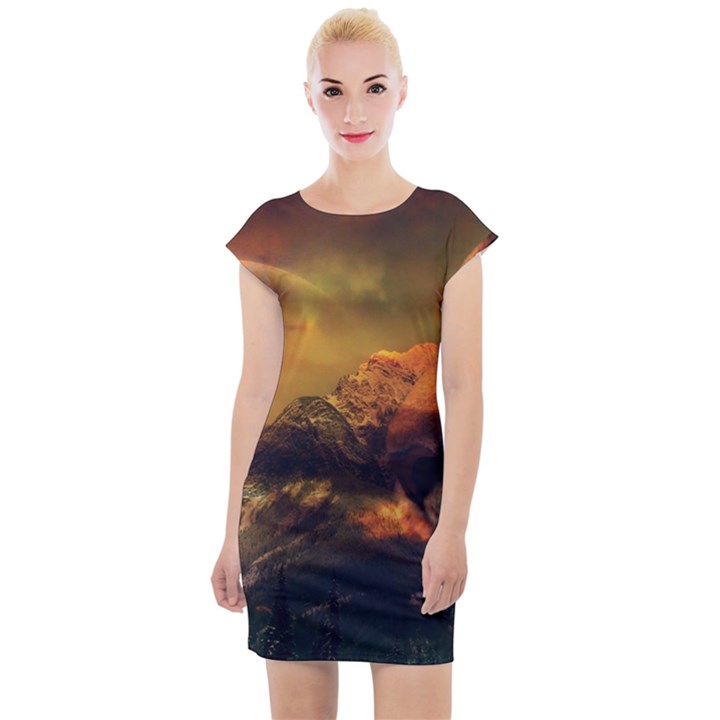 Tiger King In A Fantastic Landscape From Fonebook Cap Sleeve Bodycon Dress