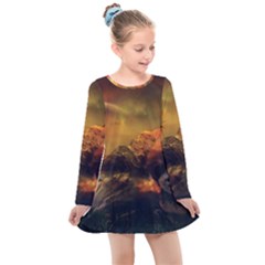 Tiger King In A Fantastic Landscape From Fonebook Kids  Long Sleeve Dress by 2853937