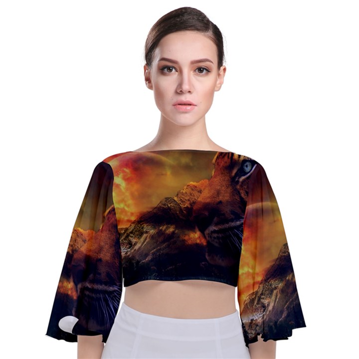 Tiger King In A Fantastic Landscape From Fonebook Tie Back Butterfly Sleeve Chiffon Top