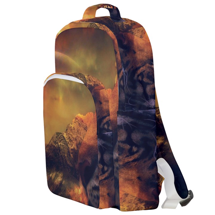 Tiger King In A Fantastic Landscape From Fonebook Double Compartment Backpack