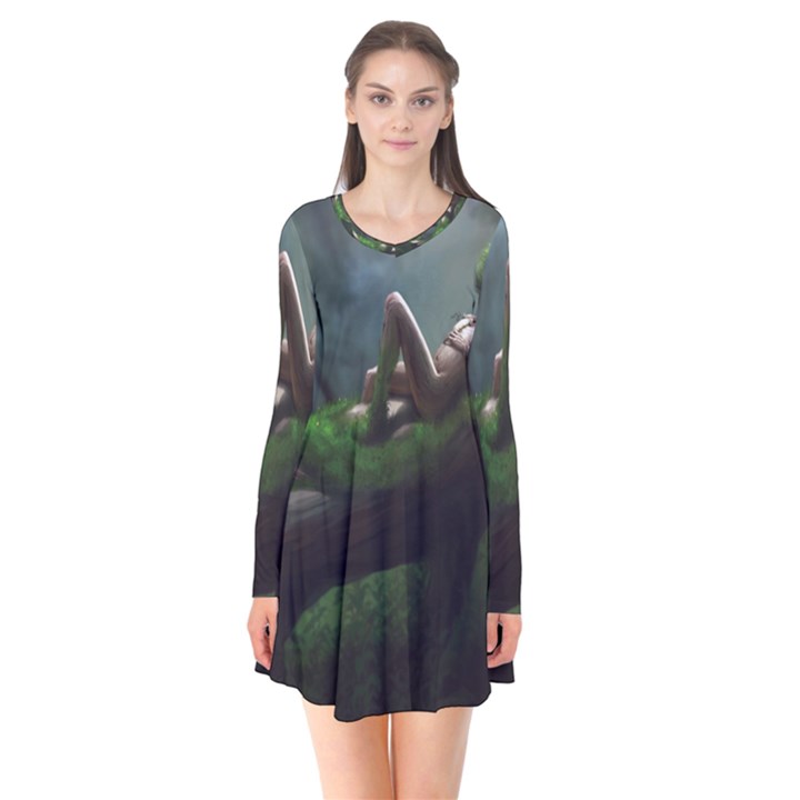 Wooden Child Resting On A Tree From Fonebook Long Sleeve V-neck Flare Dress