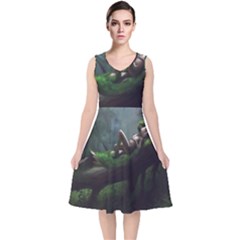 Wooden Child Resting On A Tree From Fonebook V-neck Midi Sleeveless Dress  by 2853937