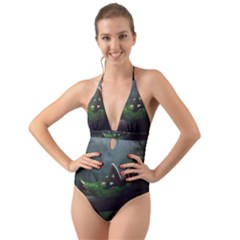 Wooden Child Resting On A Tree From Fonebook Halter Cut-out One Piece Swimsuit by 2853937