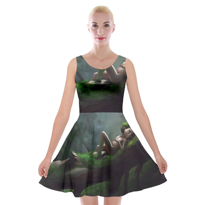 Wooden Child Resting On A Tree From Fonebook Velvet Skater Dress