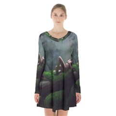 Wooden Child Resting On A Tree From Fonebook Long Sleeve Velvet V-neck Dress by 2853937