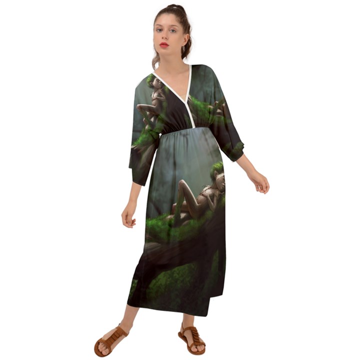 Wooden Child Resting On A Tree From Fonebook Grecian Style  Maxi Dress