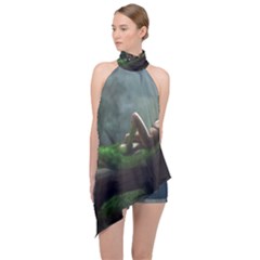 Wooden Child Resting On A Tree From Fonebook Halter Asymmetric Satin Top