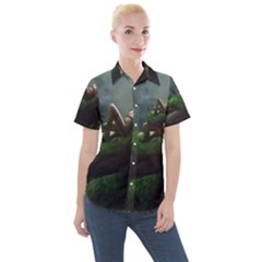 Wooden Child Resting On A Tree From Fonebook Women s Short Sleeve Pocket Shirt