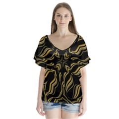 Black And Orange Geometric Design V-neck Flutter Sleeve Top by dflcprintsclothing