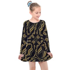 Black And Orange Geometric Design Kids  Long Sleeve Dress by dflcprintsclothing