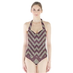 Vintage Grunge Geometric Chevron Pattern Halter Swimsuit by dflcprintsclothing