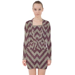 Vintage Grunge Geometric Chevron Pattern V-neck Bodycon Long Sleeve Dress by dflcprintsclothing