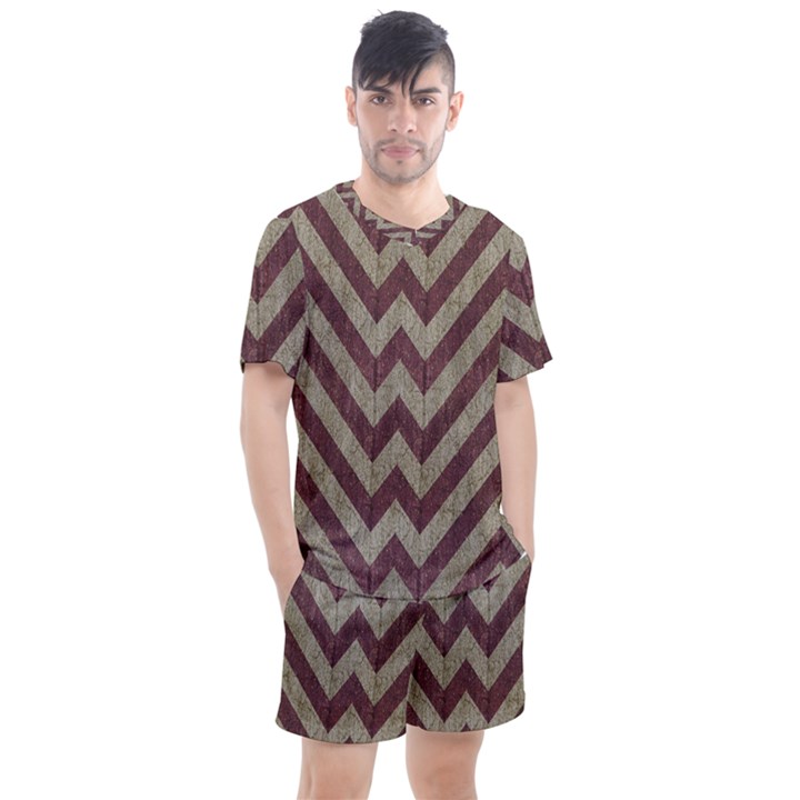 Vintage Grunge Geometric Chevron Pattern Men s Mesh Tee and Shorts Set