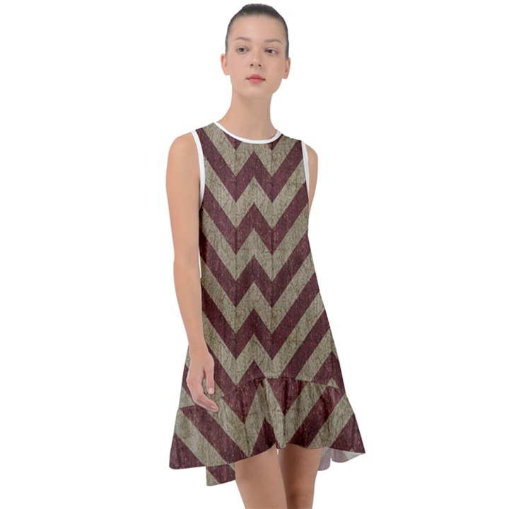 Vintage Grunge Geometric Chevron Pattern Frill Swing Dress