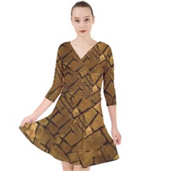 Golden Mosaic Texture Print Quarter Sleeve Front Wrap Dress