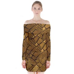 Golden Mosaic Texture Print Long Sleeve Off Shoulder Dress by dflcprintsclothing