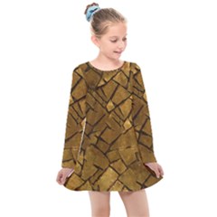 Golden Mosaic Texture Print Kids  Long Sleeve Dress by dflcprintsclothing