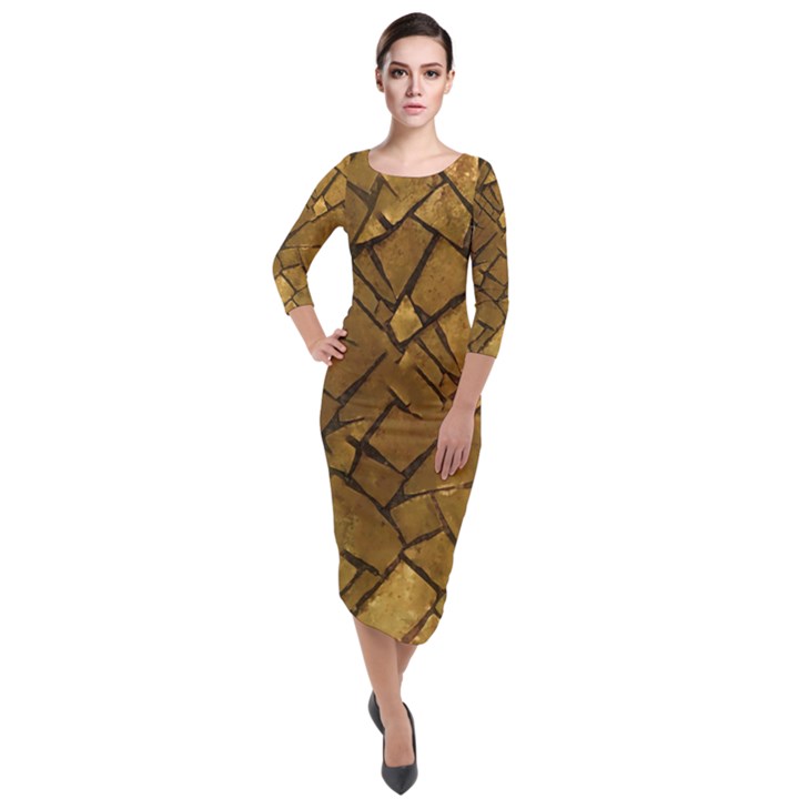 Golden Mosaic Texture Print Quarter Sleeve Midi Velour Bodycon Dress