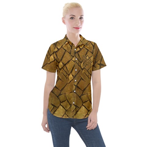 Golden Mosaic Texture Print Women s Short Sleeve Pocket Shirt by dflcprintsclothing