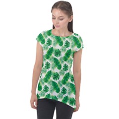 Tropical Leaf Pattern Cap Sleeve High Low Top