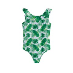 Tropical Leaf Pattern Kids  Frill Swimsuit