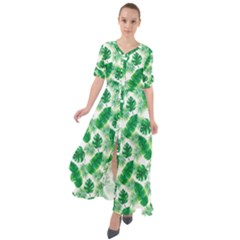 Tropical Leaf Pattern Waist Tie Boho Maxi Dress by Dutashop