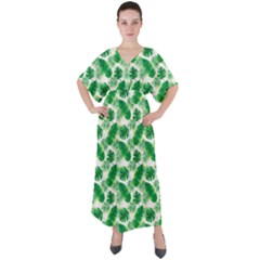 Tropical Leaf Pattern V-neck Boho Style Maxi Dress