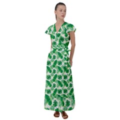 Tropical Leaf Pattern Flutter Sleeve Maxi Dress